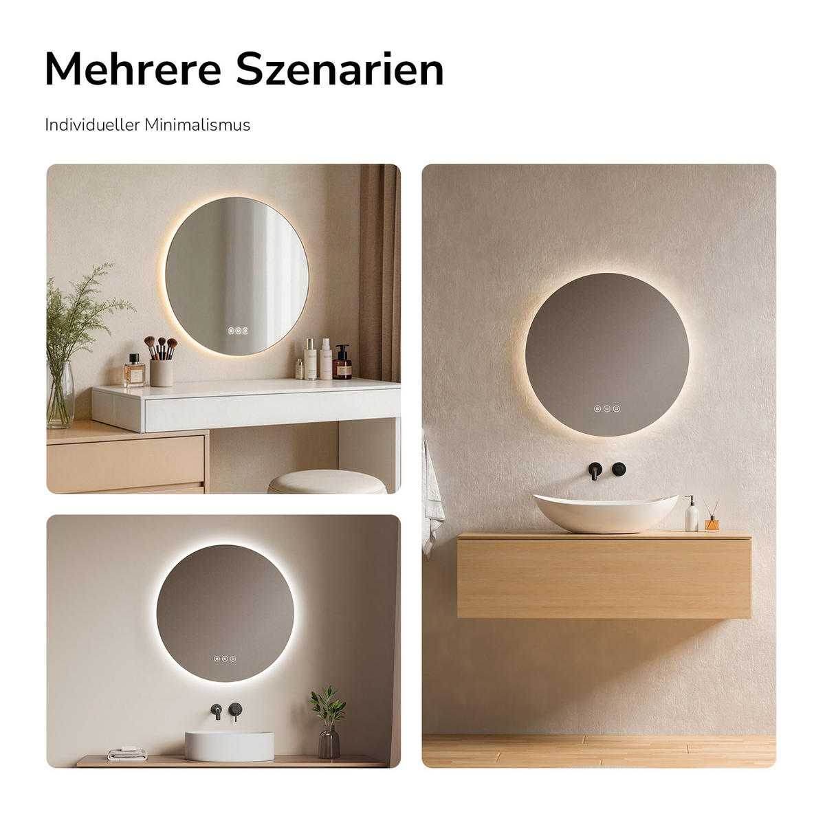 BADSPIEGEL Rund mit Beleuchtung Rahmenlos, 3 Lichtfarben, beschlagfrei, Ø 50 cm - Weiß, Glas (50/3.5/50cm) - EMKE