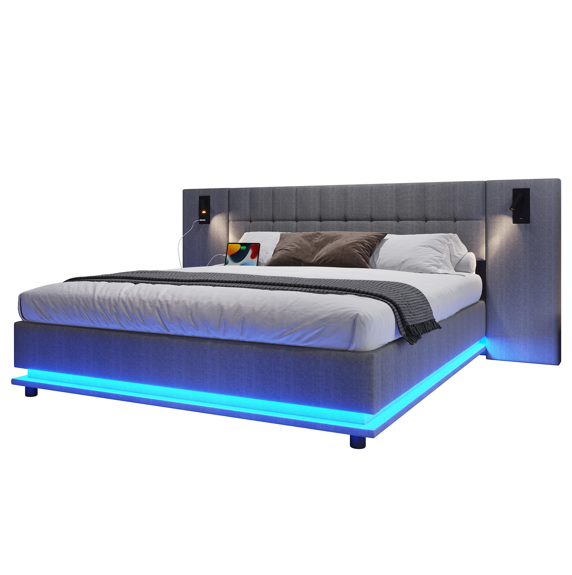 TAPECIRANI krevet 180/200 cm sivi od lana s LED rasvjetom, USB priključkom i uzglavljem sa spot svjetlom - siva, tekstil (180/200cm) - OKWISH
