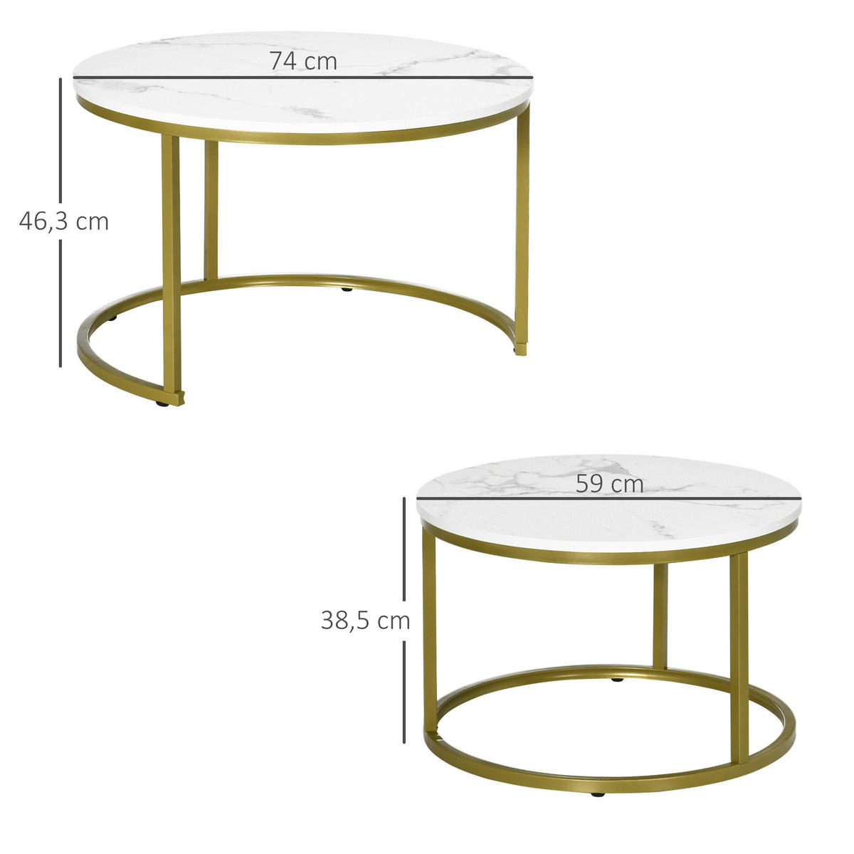 COUCHTISCH 2er-Set, bis 30 kg belastbar, Weiß - Weiß, Metall (74/74/46.3cm) - HOMCOM