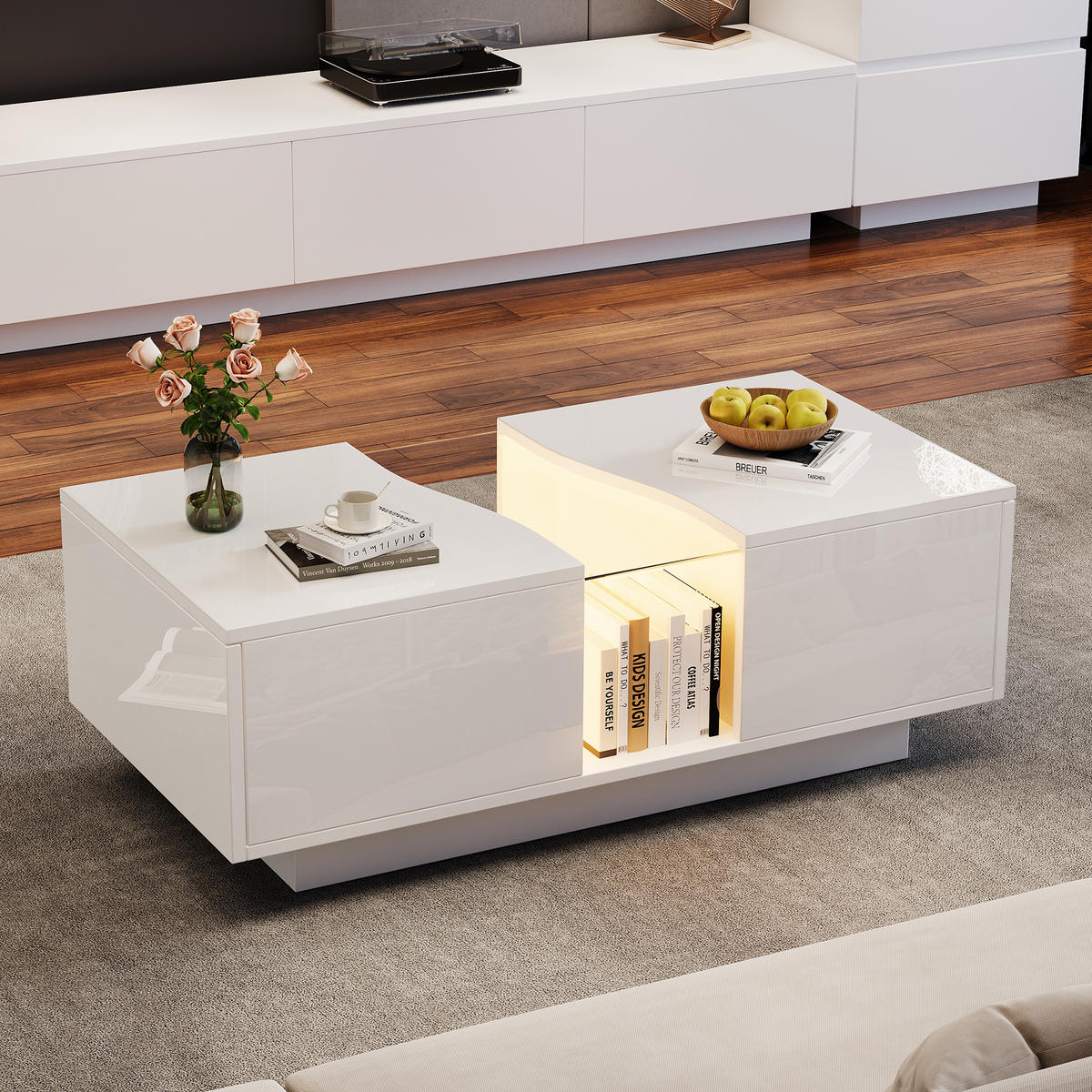 COUCHTISCH 100/50/35 cm weiß aus MDF mit LED und Schubladen - Weiß, Holzwerkstoff (100/50/35cm) - OKMYHOME