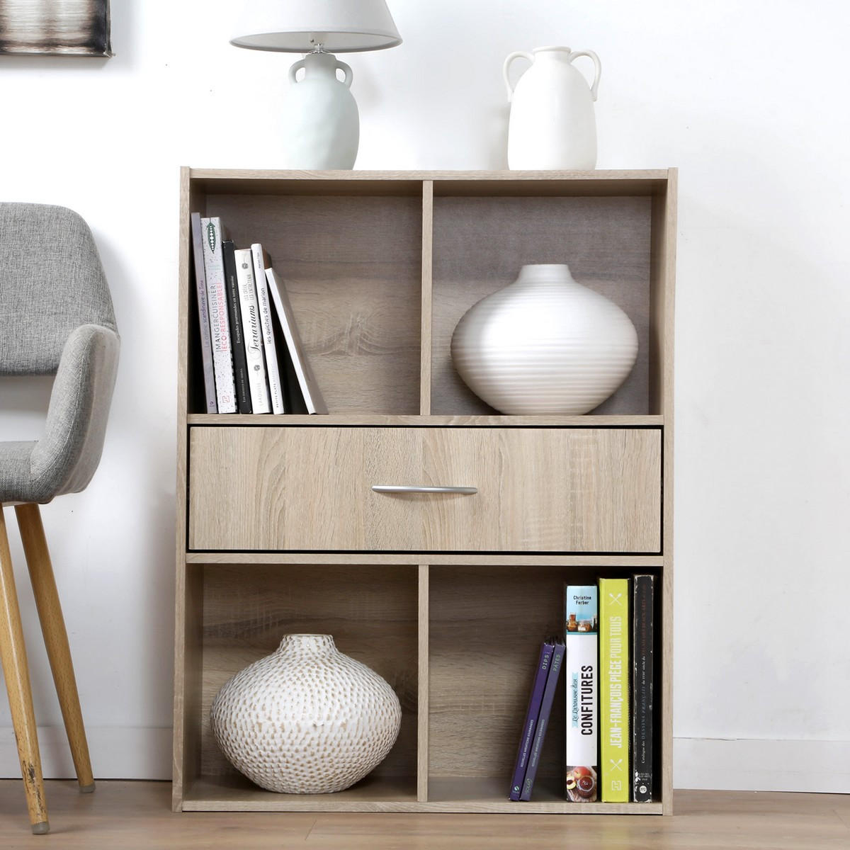 AUFBEWAHRUNGSREGAL 4 Fächer mit einer Schublade - Eschefarben, Holzwerkstoff (29.5/80/62cm) - Calicosy