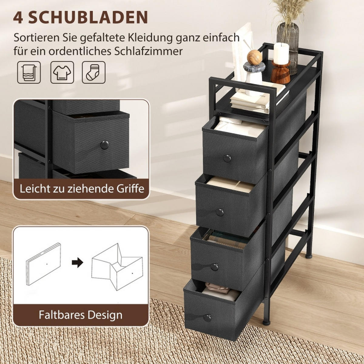 KOMMODE DE-38040 4 Vliesstoffschubladen mit Stahlrahmen Schwarz - Schwarz, Holzwerkstoff (43/81.5/20cm) - ComfortXL