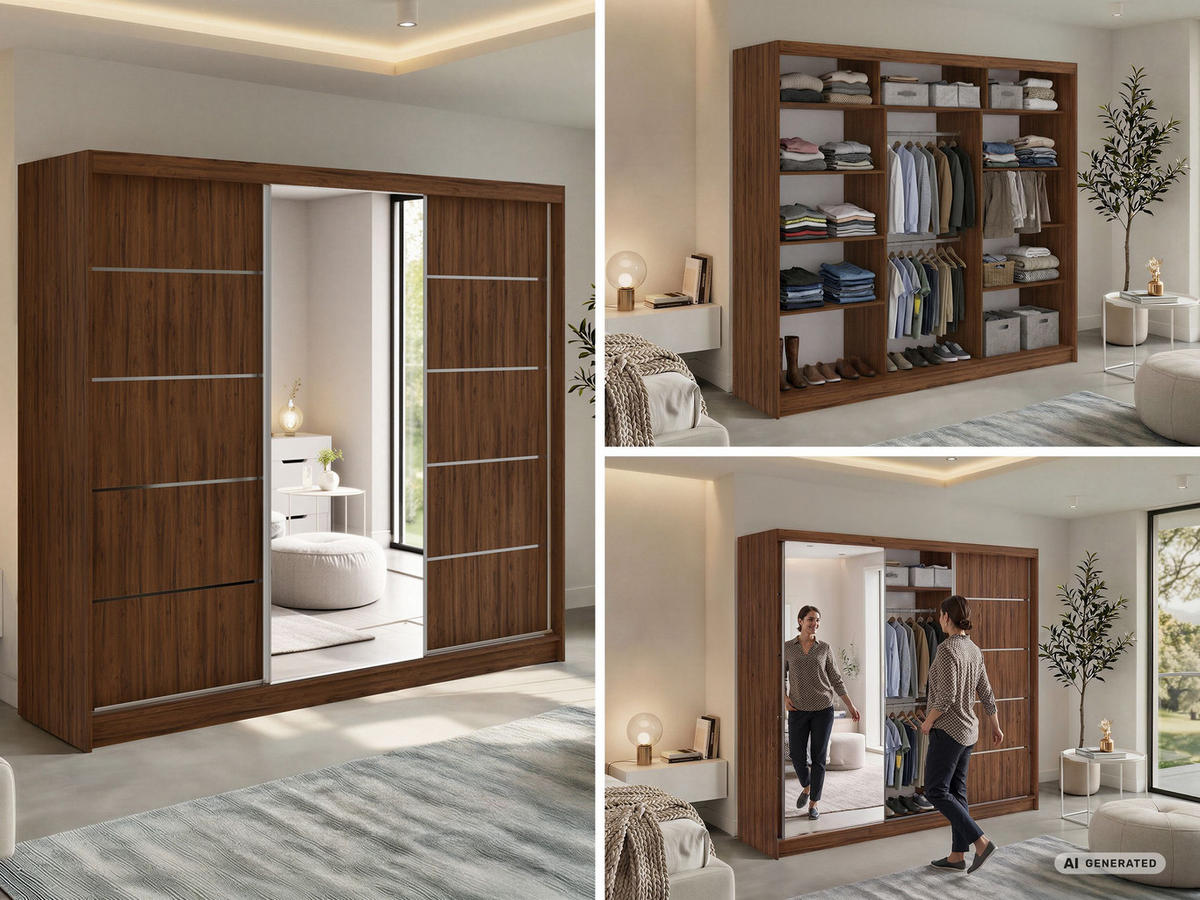 SCHWEBETÜRENSCHRANK mit Schubladen 240 - SKORIA - Warmia Walnuss mit Spiegel - Walnussfarben/Alufarben, Holzwerkstoff/Metall (240/216/61cm) - MKS