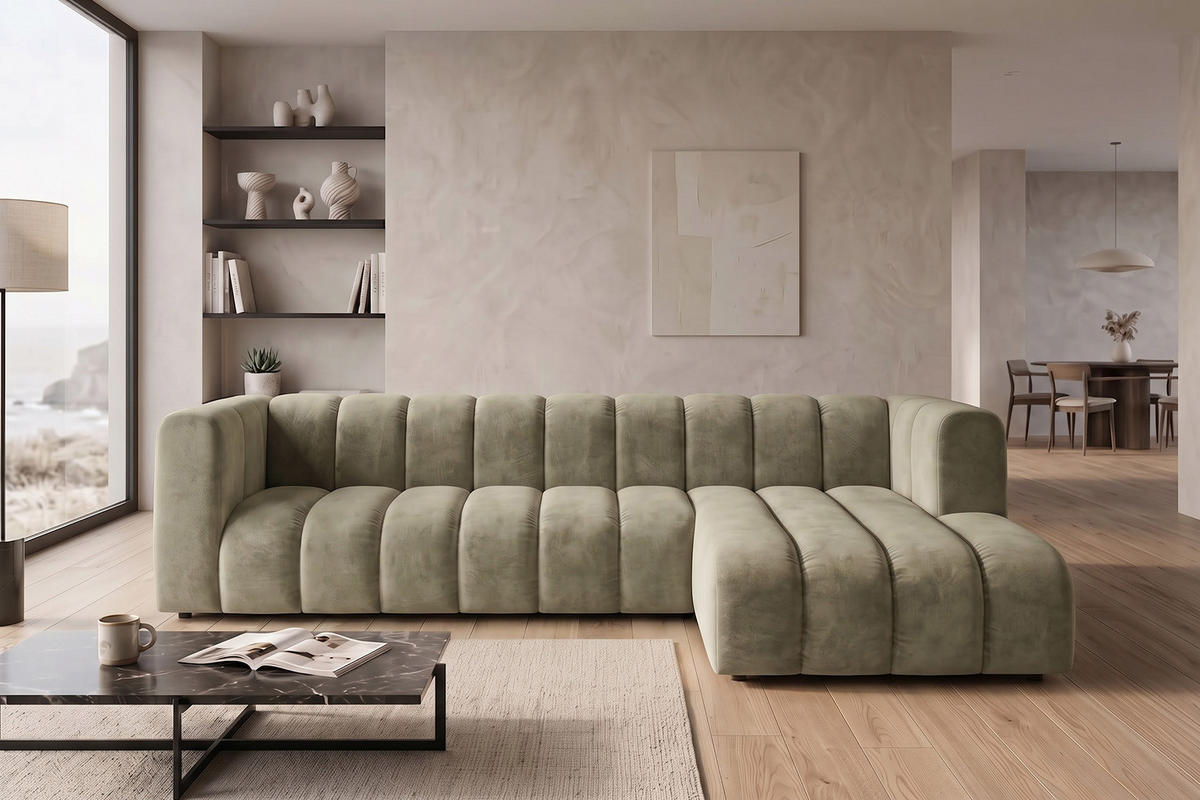 ECKSOFA Modulares In L-Form, Velvet-Stoff Riviera, Beige, Rechts, GRAND 318 cm - Beige, Holz (318/179cm) - Kaiser Möbel