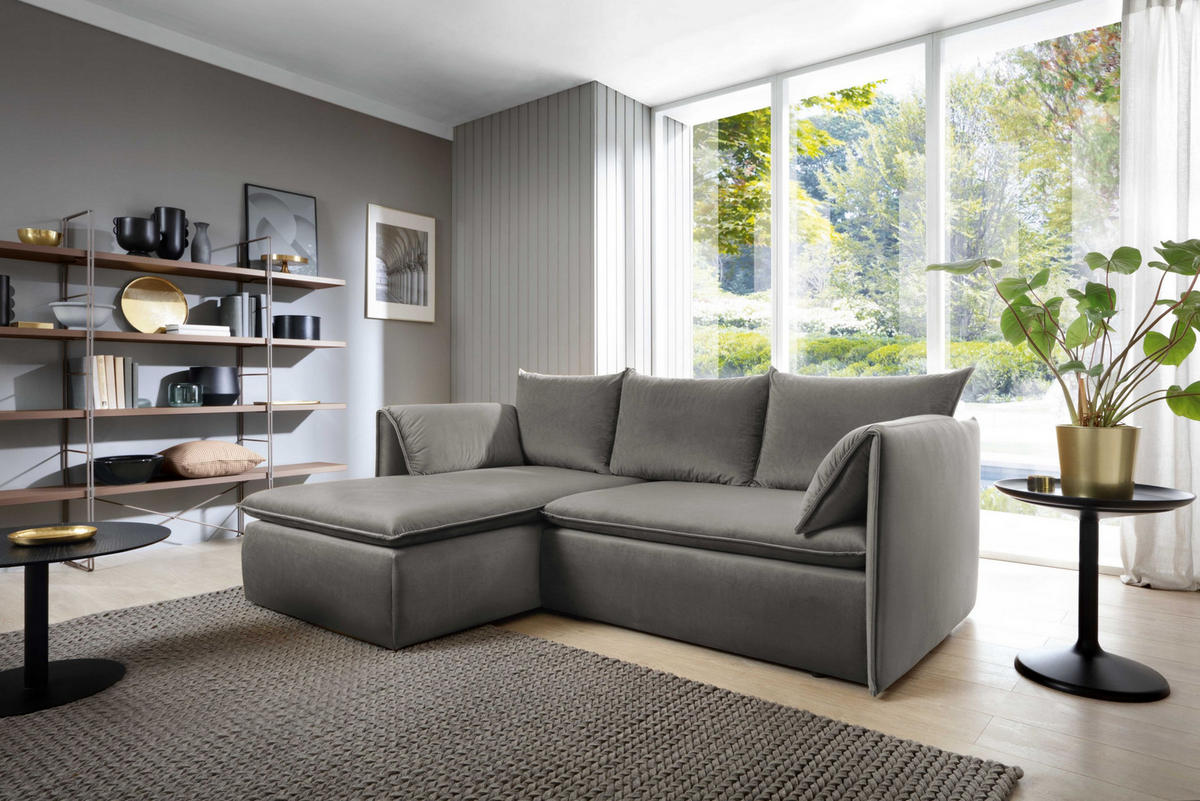 ECKSOFA PREGIO Grau Plüsch-Stoff mit Schlaffunktion - Grau, Holz (230/166cm) - MASSENO