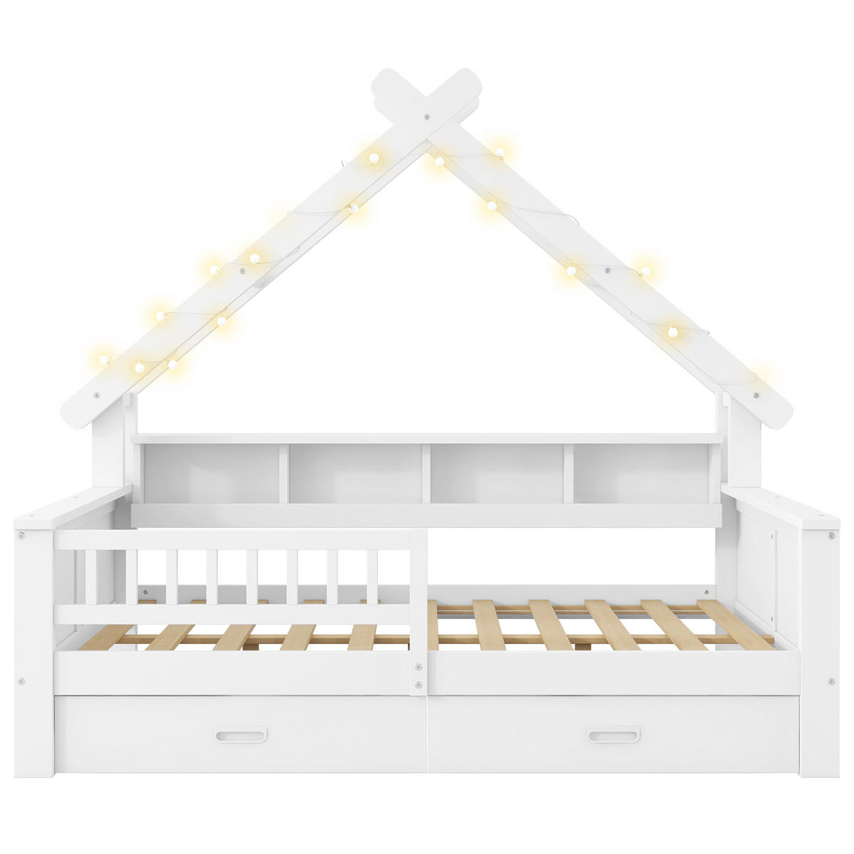 HAUSBETT 140/200 cm in Weiß mit 2 Schubladen, LED und Regal - Weiß, Holz/Holzwerkstoff (140/200cm) - WISHDOR