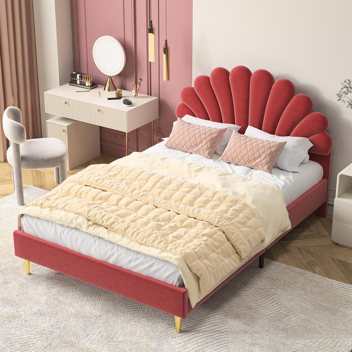 KINDERBETT 140x200 cm mit Lattenrost & Blumen-Kopfteil, Samt in Bordeaux, modernes Design, Komfortbett - Rot, Holz (140/200cm) - WoodenAura