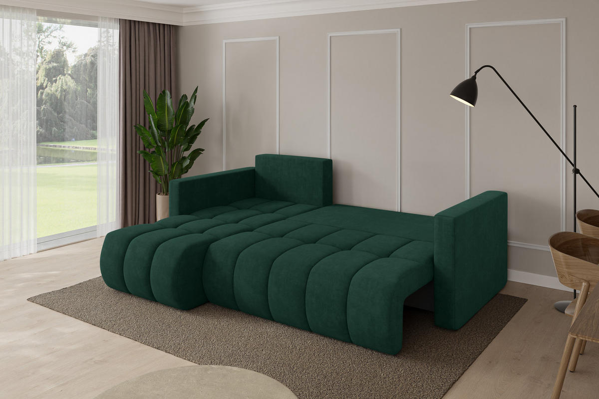 ROHOVÁ SEDAČKA s funkcí spaní, otoman vlevo GARD-L 226x146x85 zelená velur - černá/zelená barva, kompozitní dřevo/textil (226/146cm) - ALTDECOR