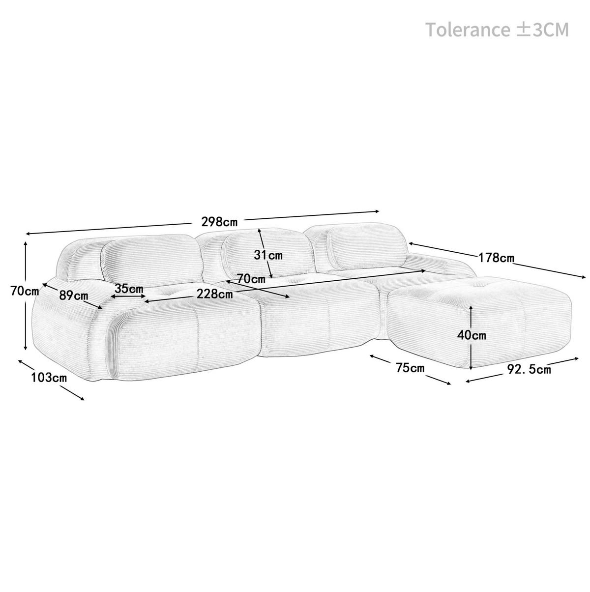 ECKSOFA modular, montagefrei, ergonomisch und rahmenlos mit Cordbezug, Grau - Grau, Textil (298/178cm) - Redom