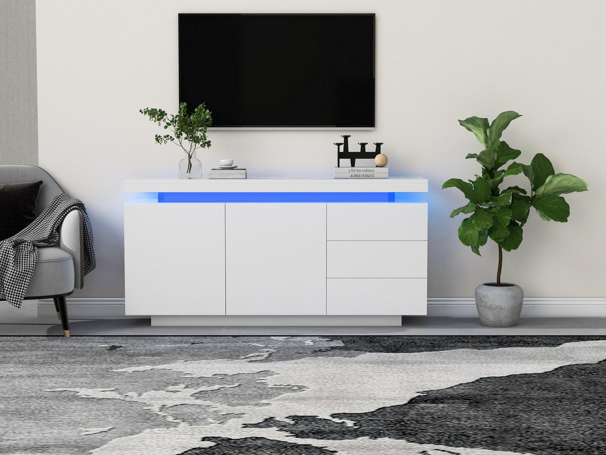 SIDEBOARD Weiß, 140/38/72 cm, aus Spanplatte, mit LED-Beleuchtung und 3 Schubladen - Weiß, Holzwerkstoff (140/72.5/35cm) - CHICFURN