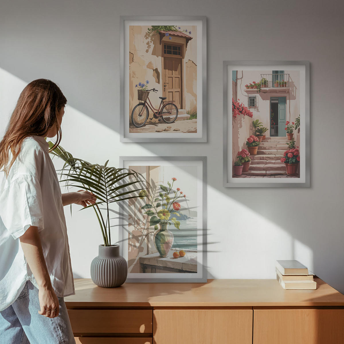 WANDBILDER 3er Set - 40x60 cm Silberner Rahmen - Straßen, Blumen und Fahrräder - Silberfarben, Kunststoff (40/60cm) - ArtPrintCave