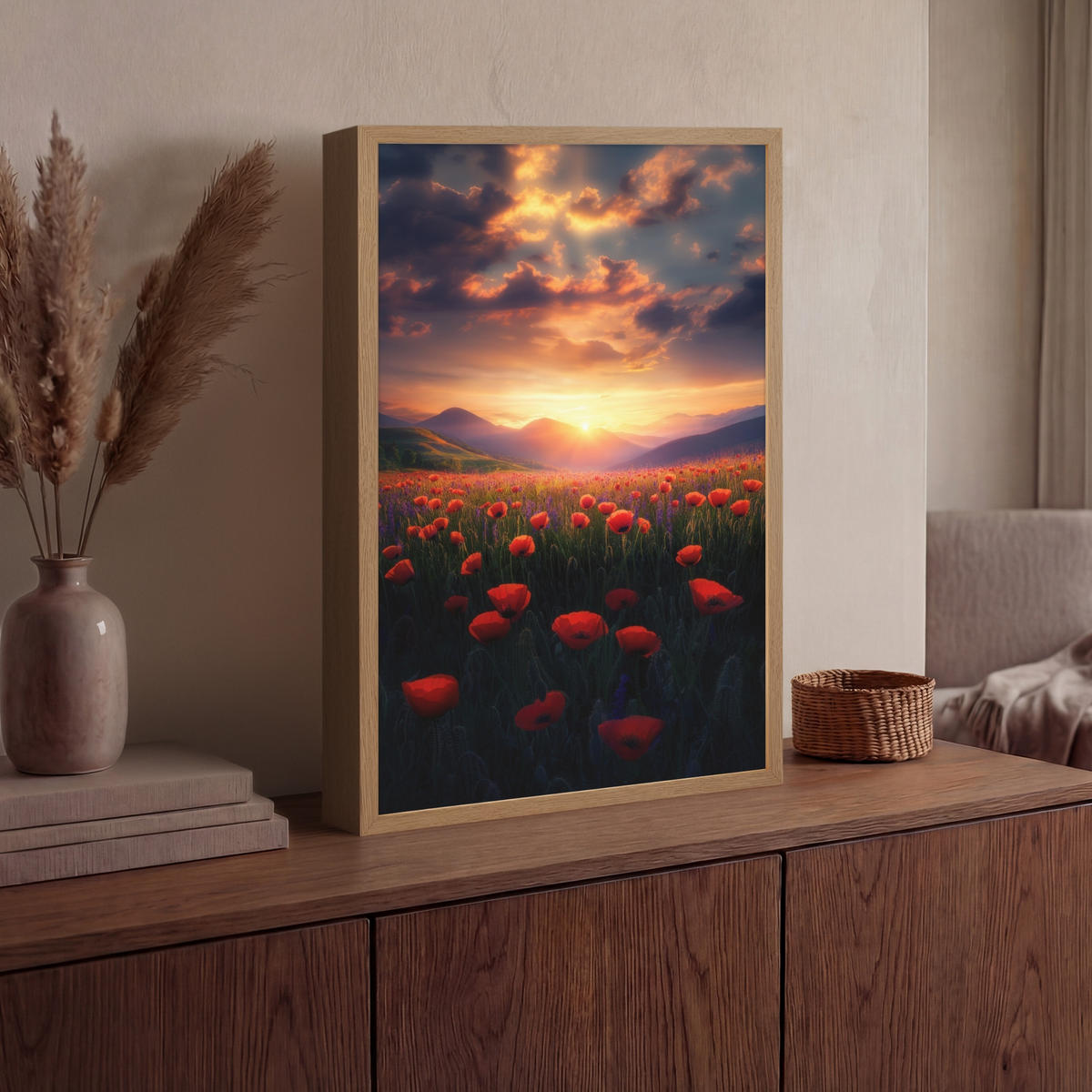 WANDLEUCHTE MIT AKKU Landschaft - Sonnenuntergang - Blumenfeld 40x60 cm - Rot, Holzwerkstoff (40/60/8cm) - OnlyWow
