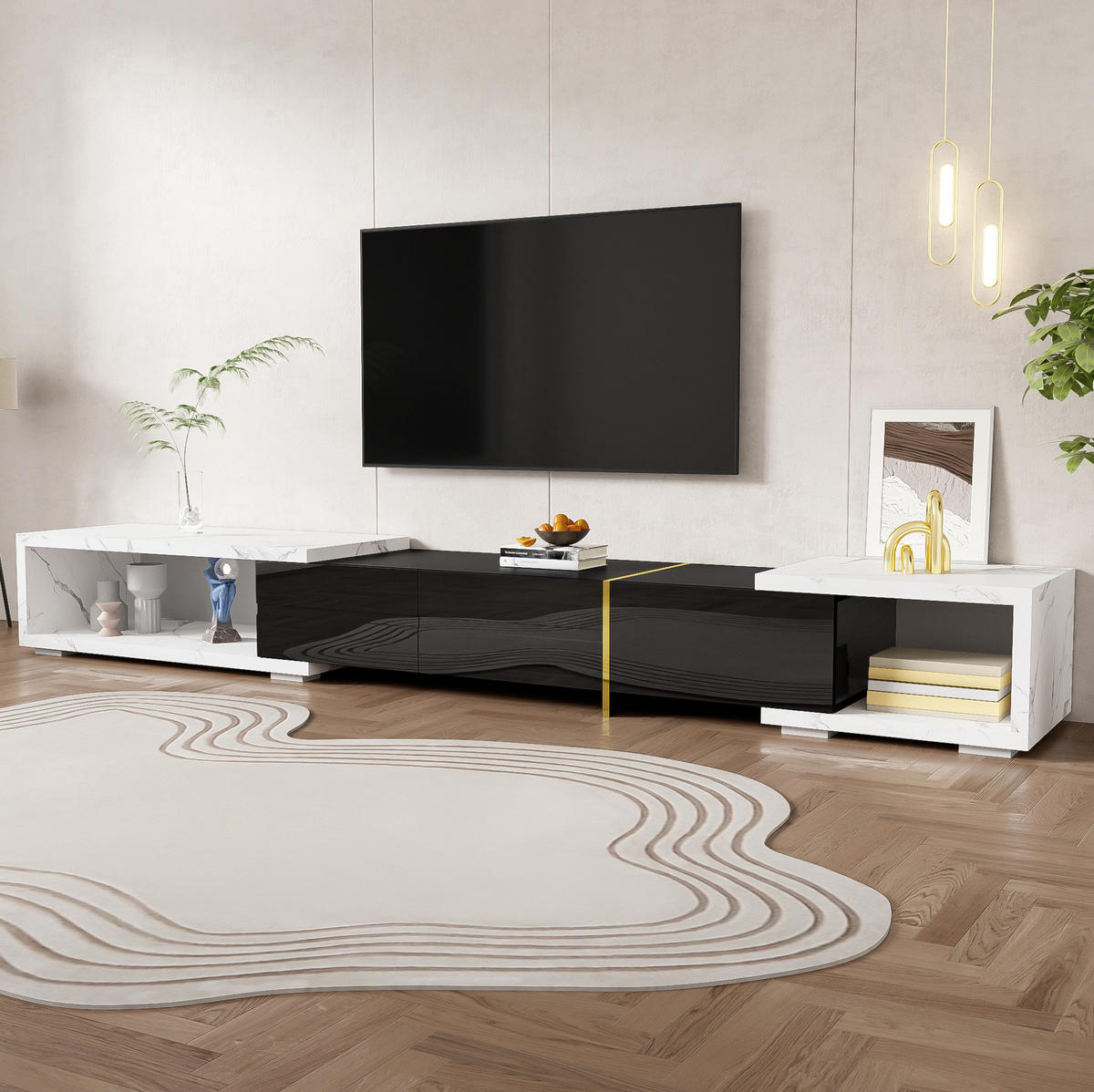 TV-SCHRANK mit 3 Türen und 2 Schubladen in Weiß und Schwarz 190/35/45 cm - Schwarz, Holzwerkstoff (260/30/40cm) - Redom