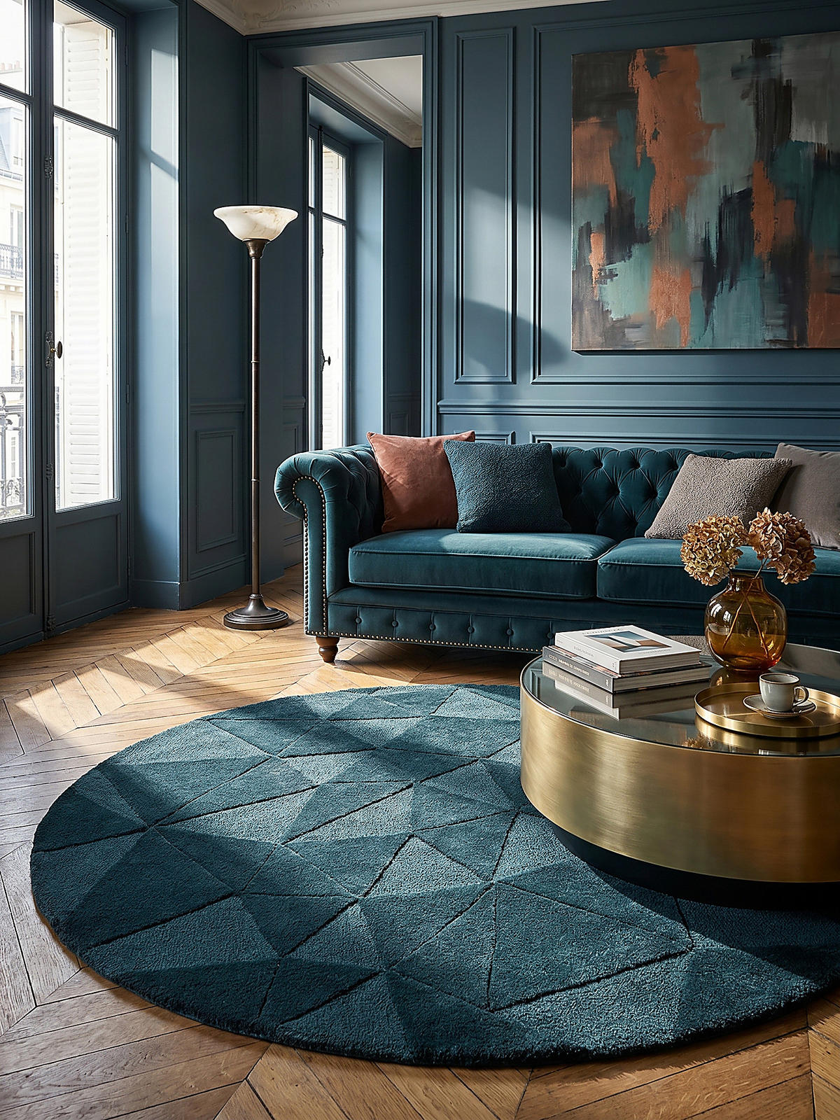 WOLLTEPPICH DEBEN, geometrisch, Petrol, Ø 160 cm - Blau, Textil (160/160cm) - KADIMA DESIGN