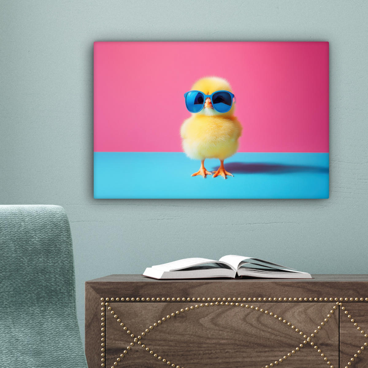 LEINWANDBILD Chick - Sonnenbrille - Blau Deko Schlafzimmer 30x20 cm - Pink/Gelb, Textil (30/20cm) - MuchoWow