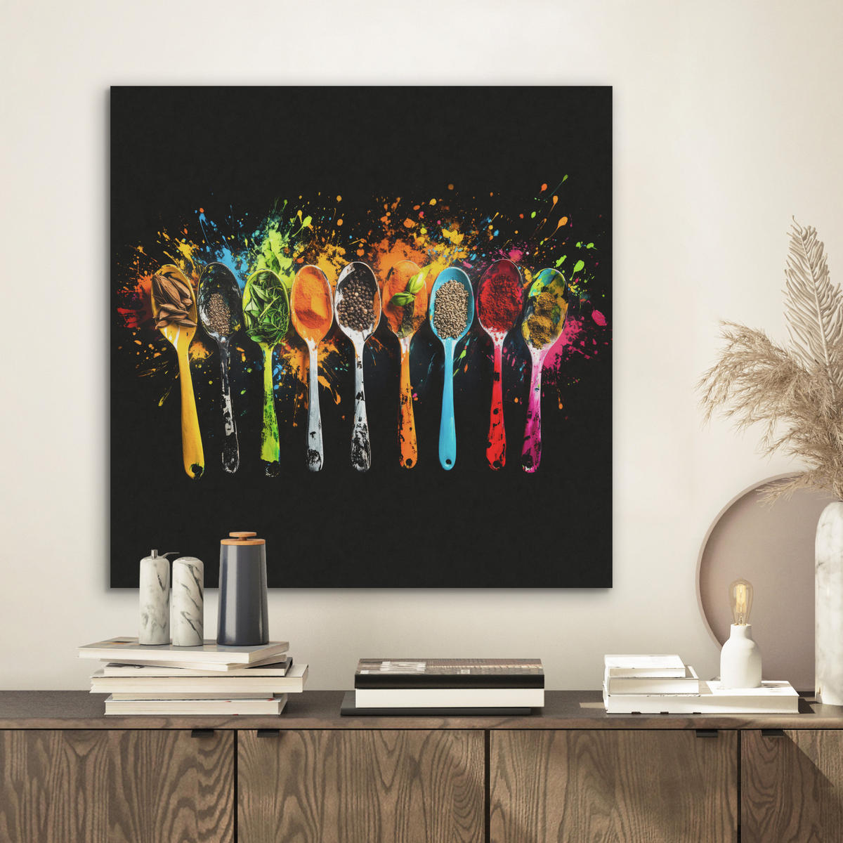 AKUSTIKBILD Löffel - Gewürze - Modern - Graffiti - Farbe - Farbenfroh Wandbilder 60x60 cm - Multicolor, Kunststoff (60/60/0.9cm) - MuchoWow