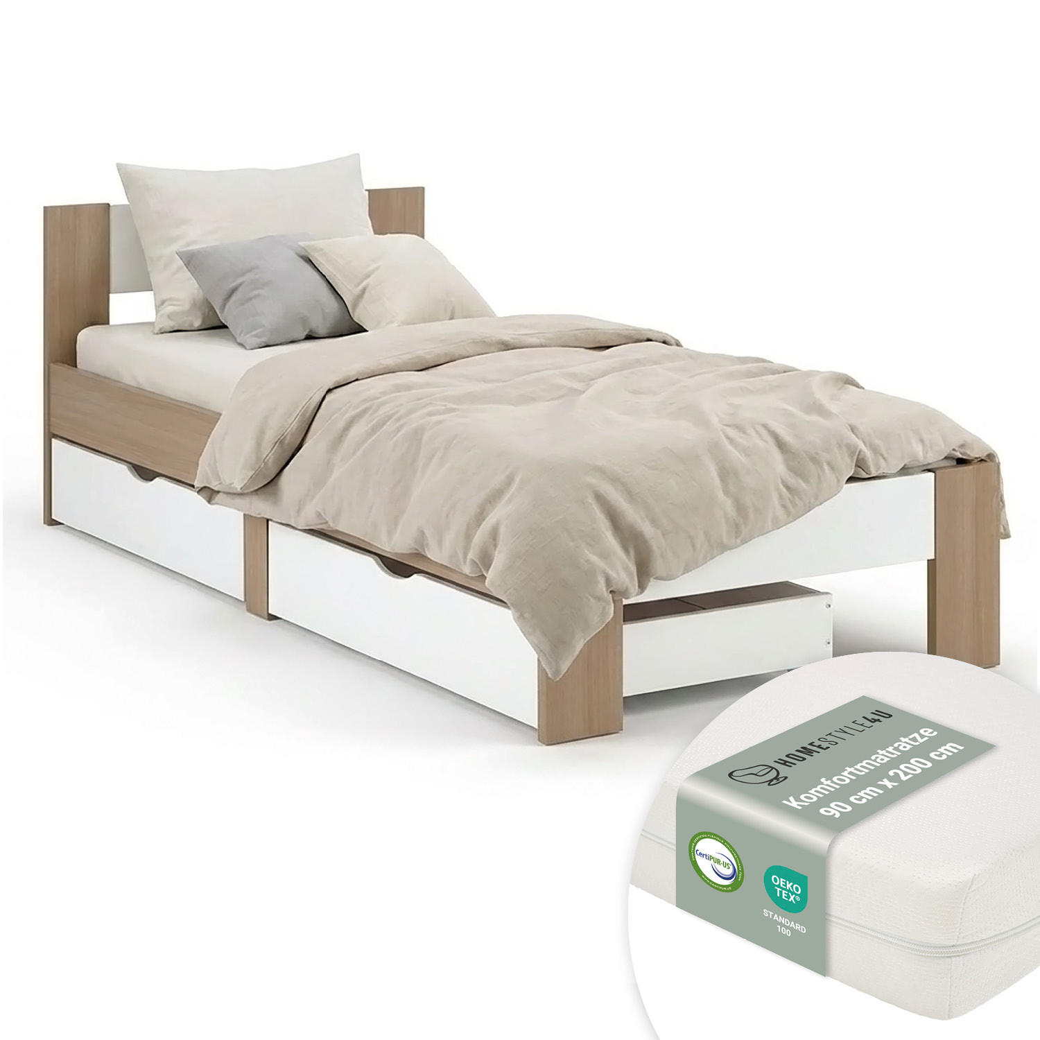 HOLZBETT Braun Weiß 90/200 cm mit Matratze und 2 Bettkästen - Braun, Holz (90/200cm) - Homestyle4u