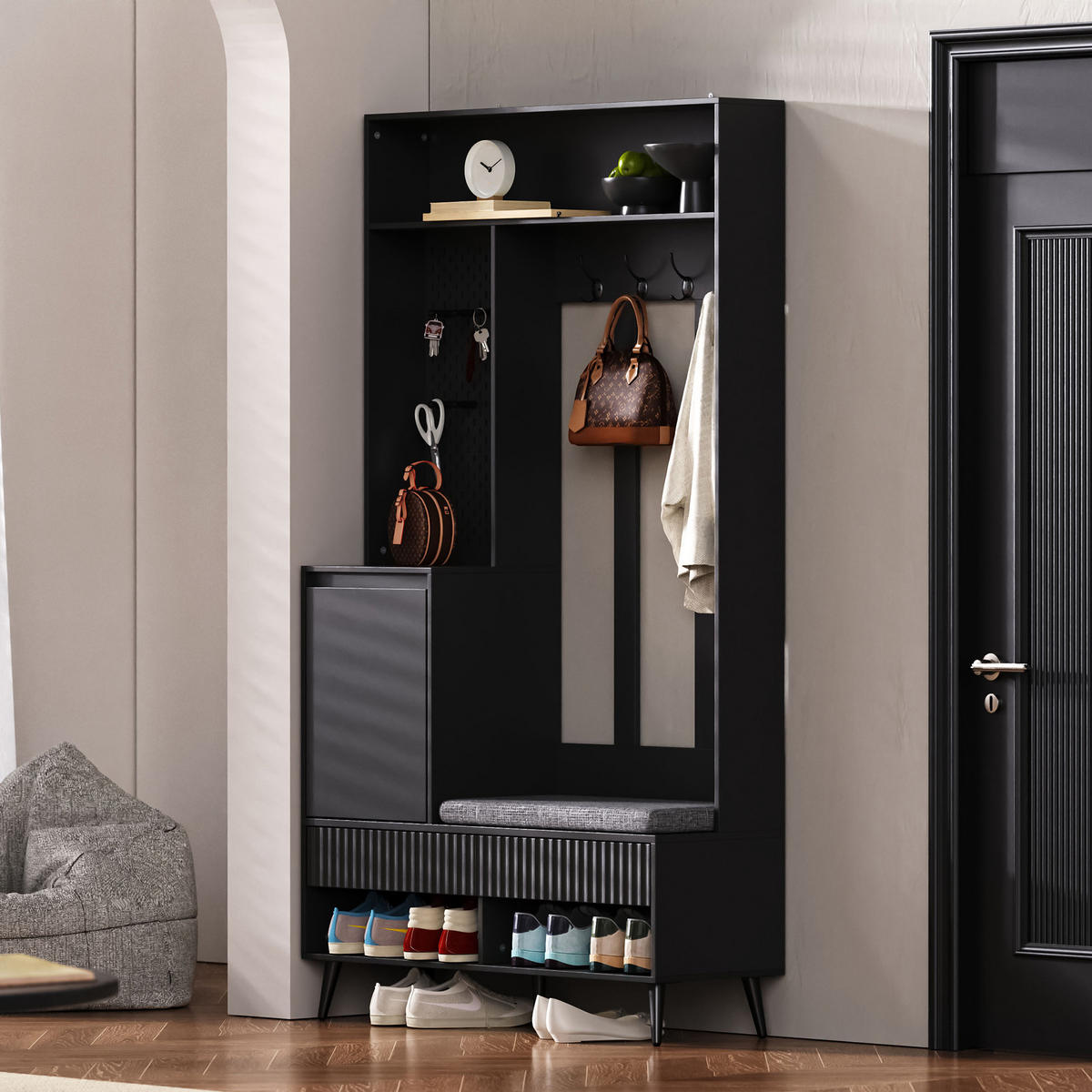 GARDEROBENSET Wandgarderobe mit Schuhbank 4 Haken Schwarz 100x35x180cm - Schwarz, Holzwerkstoff (35/180/100cm) - FLIEKS