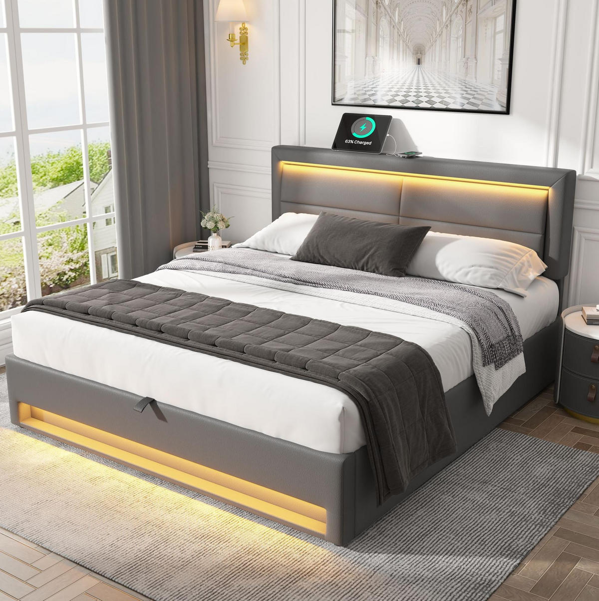 POLSTERBETT 140/200 cm Grau mit USB-Anschluss und LED-Beleuchtung - Grau, Kunststoff (140/200cm) - OKWISH