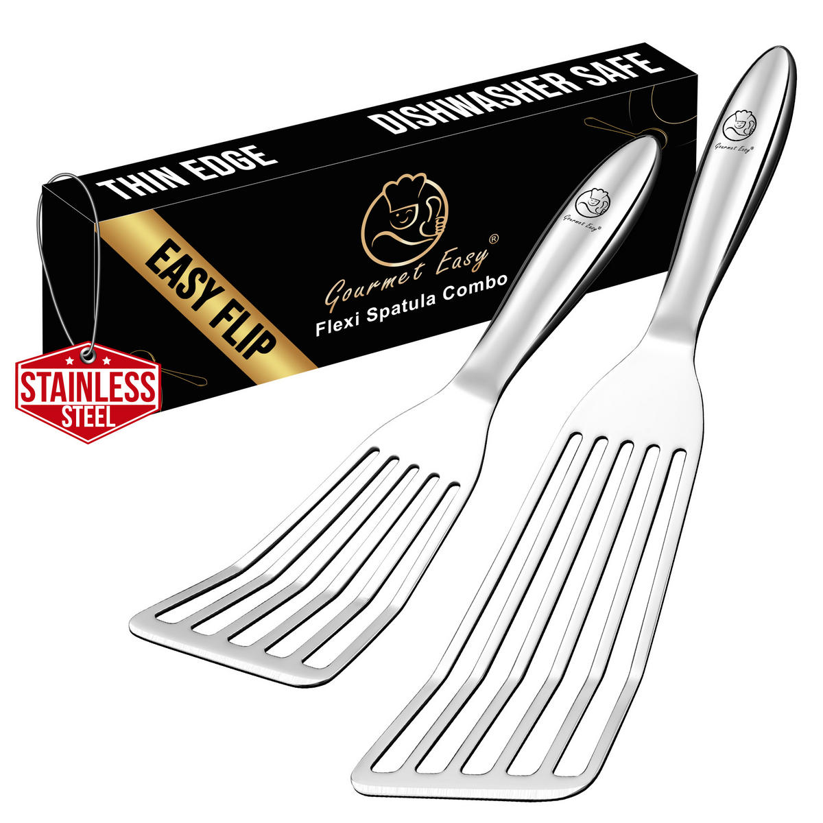 FISCHWENDER Pfannenwender,Fischwender-Set, Edelstahl, 2 teilig (groß/klein) für empfindliches Bratgut - Edelstahlfarben, Metall (34.5/3/9.5cm) - Gourmet Easy