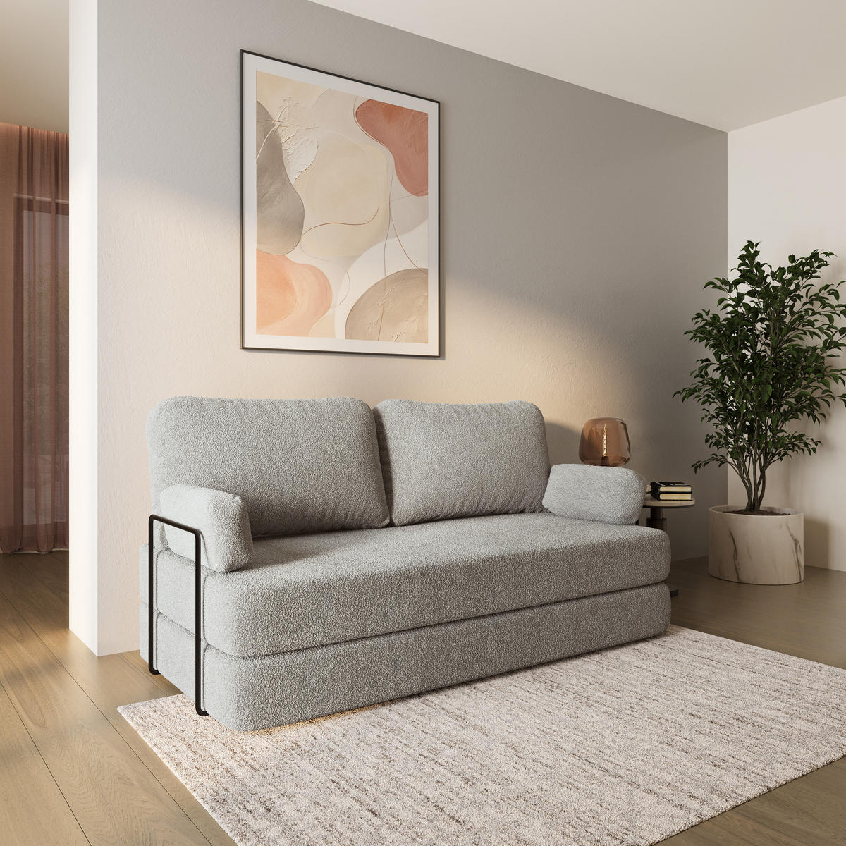 BETTSOFA NIKSI aus Schaumstoff Bucle-Stoff Hellgrau Schlaffunktion - Hellgrau, Textil (170/86/80cm) - MASSENO