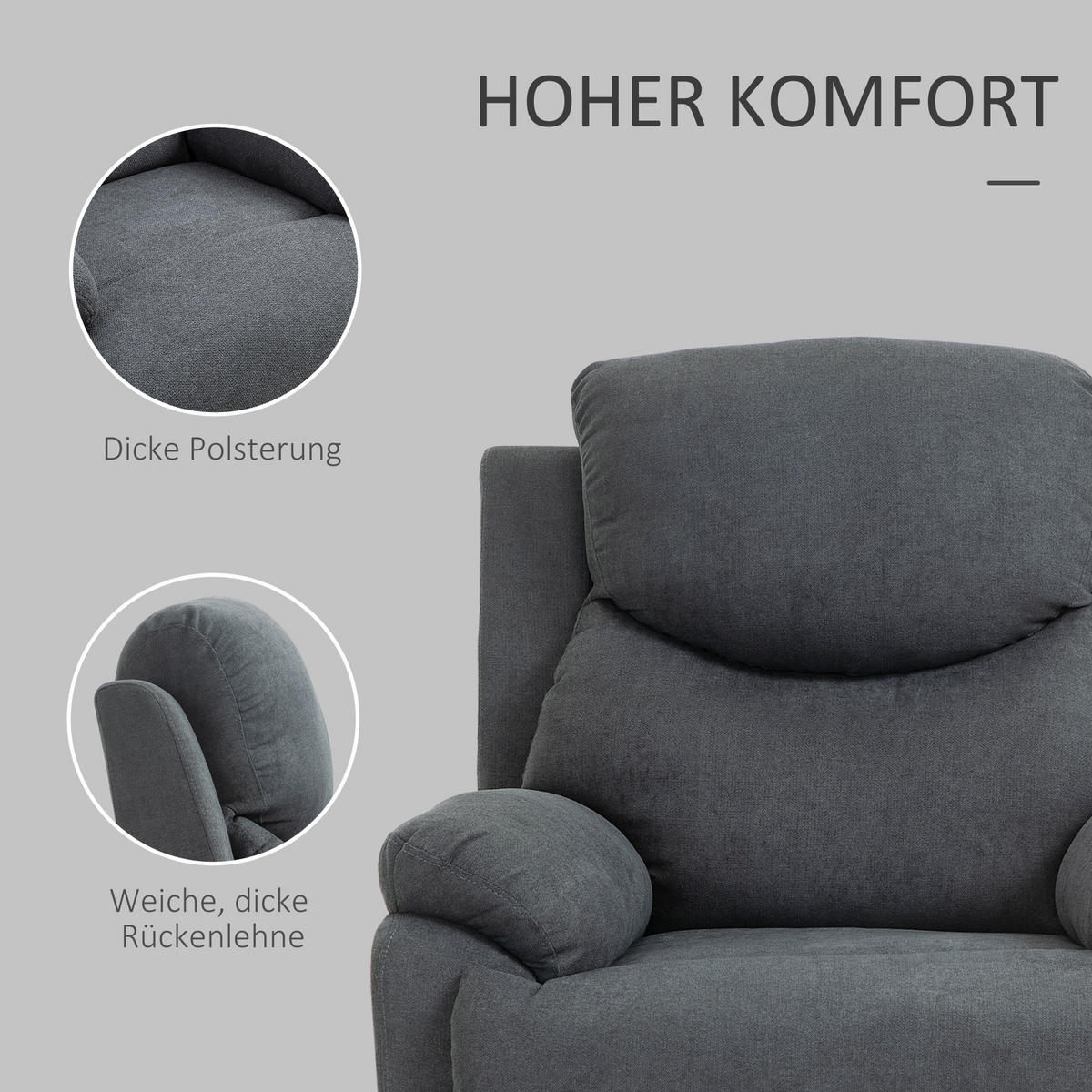 RELAXSESSEL 150° neigbar Einzelsofa Liege Fernsehsessel Leinen Dunkelgrau - Dunkelgrau/Schwarz, Textil/Metall (88/102/93cm) - HOMCOM