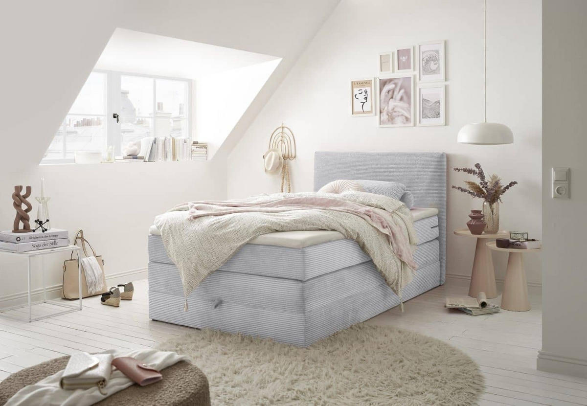 BOXSPRINGBETT 120/140x200 – Bettkasten, 7‑Zonen‑Tonnentaschenfederkern & Komfort‑T25‑Topper - Beige/Silberfarben, Holz/Textil (120/200cm) - ed exciting design