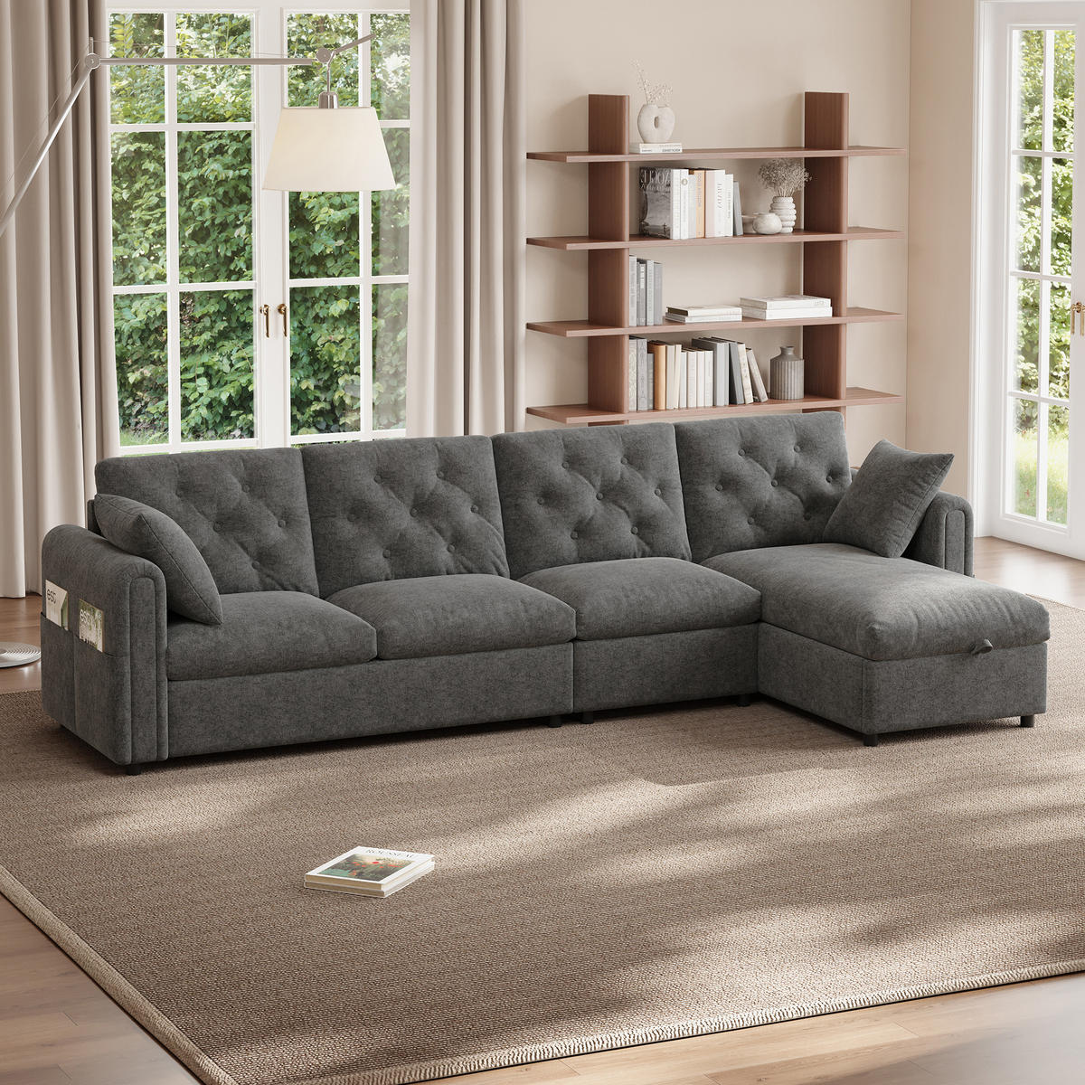 ECKSOFA 281/132/86 cm Grau mit 2 Stauraum und Magazintaschen - Grau, Textil (281/132cm) - Oxeza