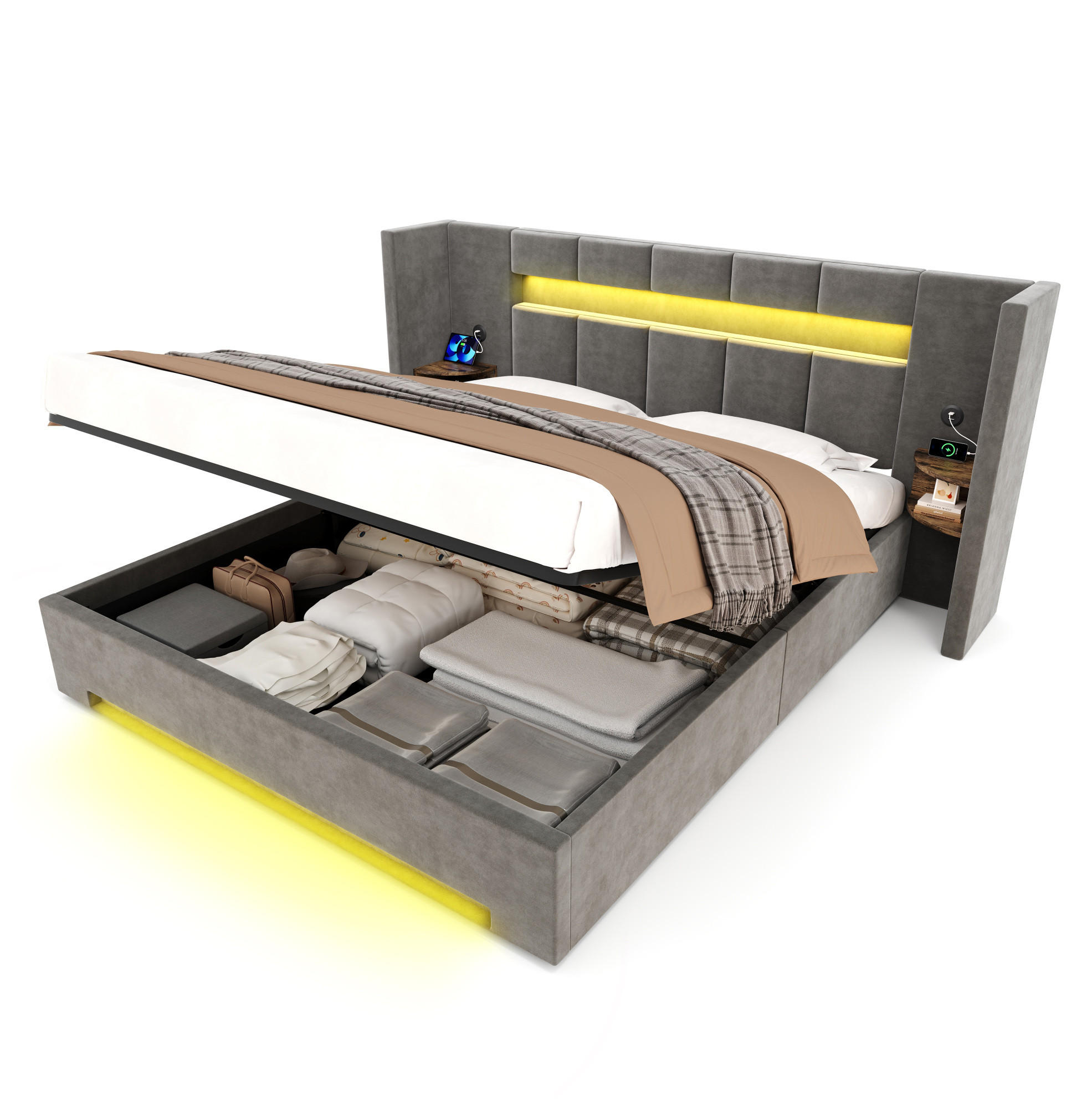 POLSTERBETT 160/200 cm mit USB-Anschlüssen, LED-Beleuchtung, Hydraulik-Stauraum und Seitenschränken, Dunkelgrau - Dunkelgrau, Textil (160/200cm) - Redom