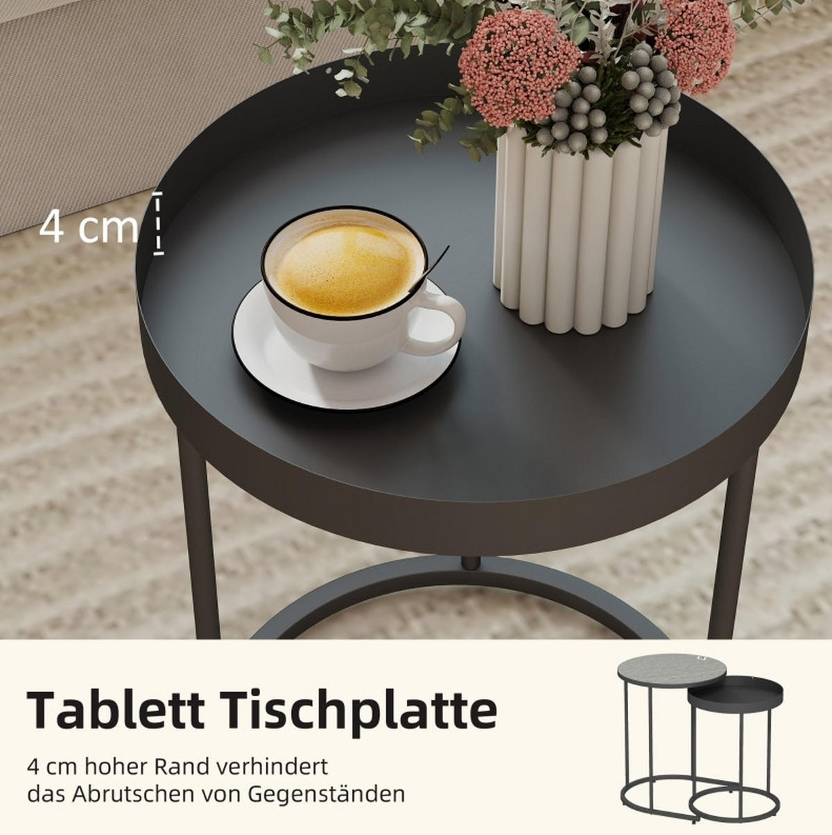 COUCHTISCH-SET 2-teilig 42/36,5 cm mit Ablagekante in Grau/Schwarz - Grau, Metall (42/42/54cm) - BEAOK