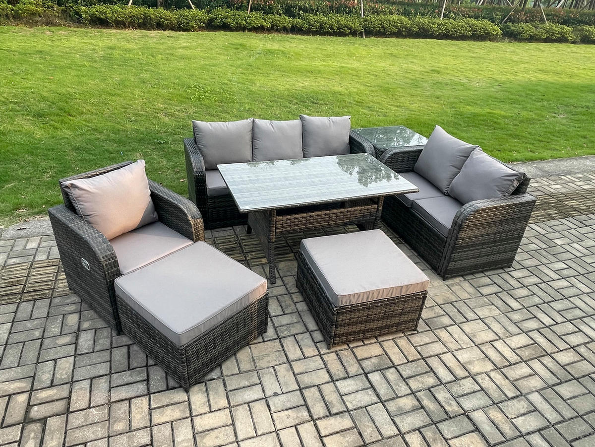 GARTENTISCHGRUPPE mit Liegestuhl,2 Hocker,Beistelltisch Polyrattan 8-Sitzer - Dunkelgrau/Grau, Glas/Kunststoff - Fimous