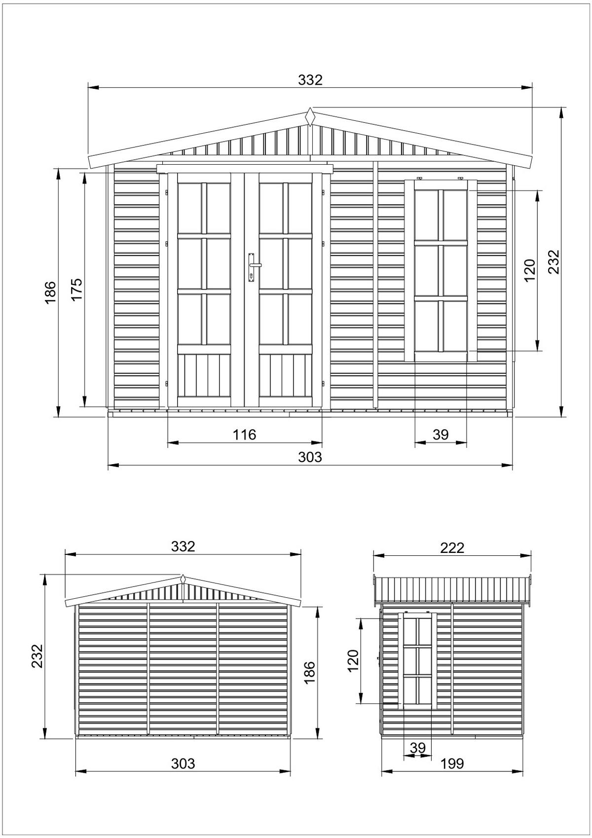 GARTEN HOLZHAUS - B332xT222xH232 cm/6m2 - M334FB - Beige, Holz (332/232/199cm) - Timbela