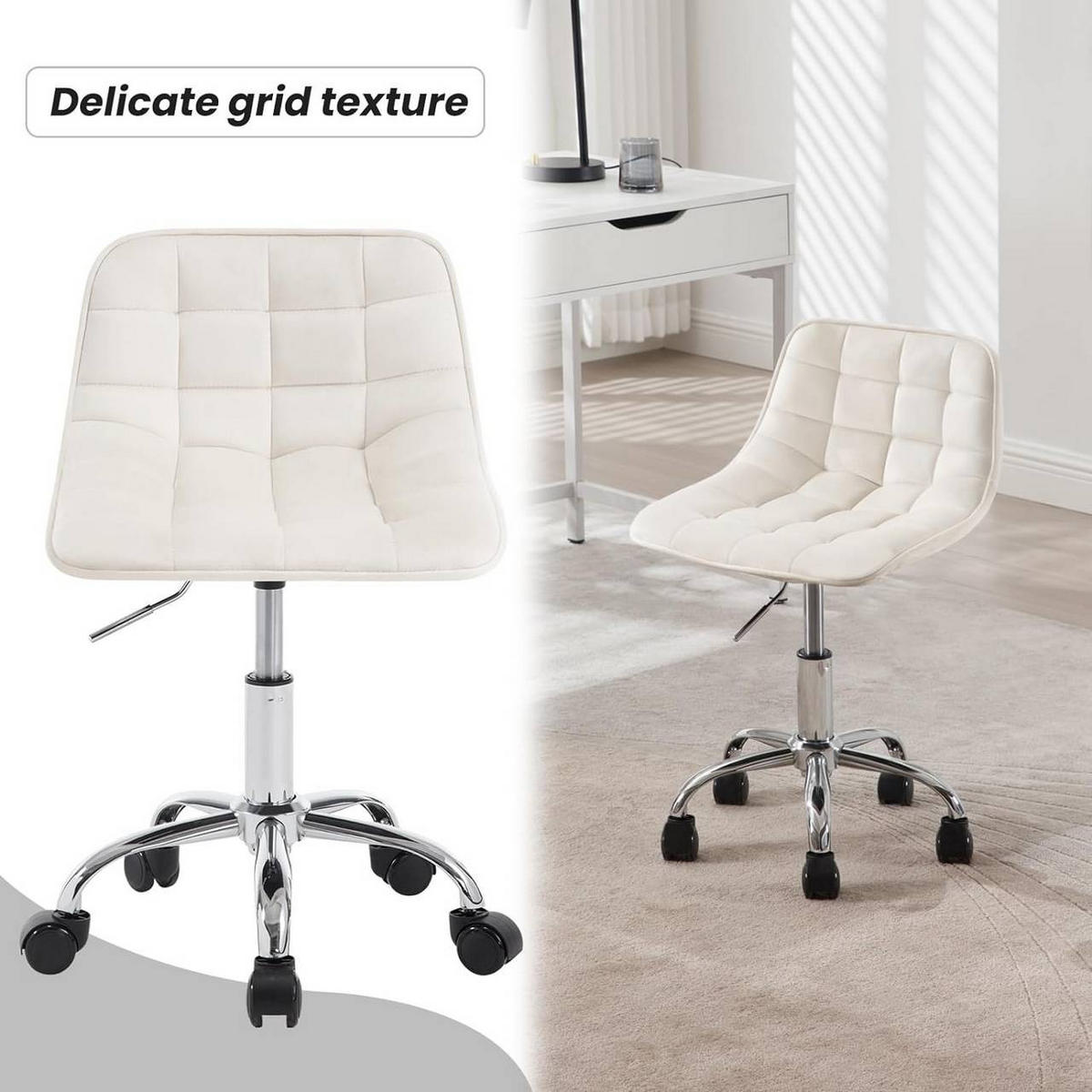 DREHSTUHL mit Rollen, Samt, Cremeweiß - Creme/Schwarz, Textil/Metall (43/60/50cm) - Woltu