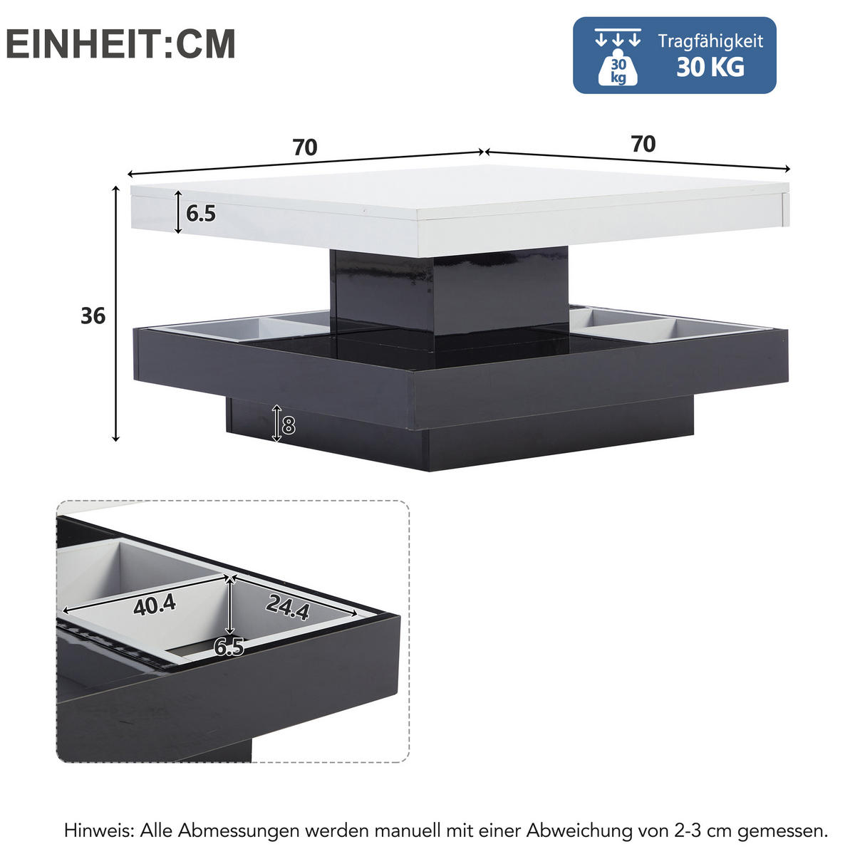 COUCHTISCH, Hochglanz-Tischplatte, 360° drehbar, weiß/schwarz, Spanplatte, 70/70/36 cm,weiß - Weiß, Holzwerkstoff (70/70/36cm) - Redom
