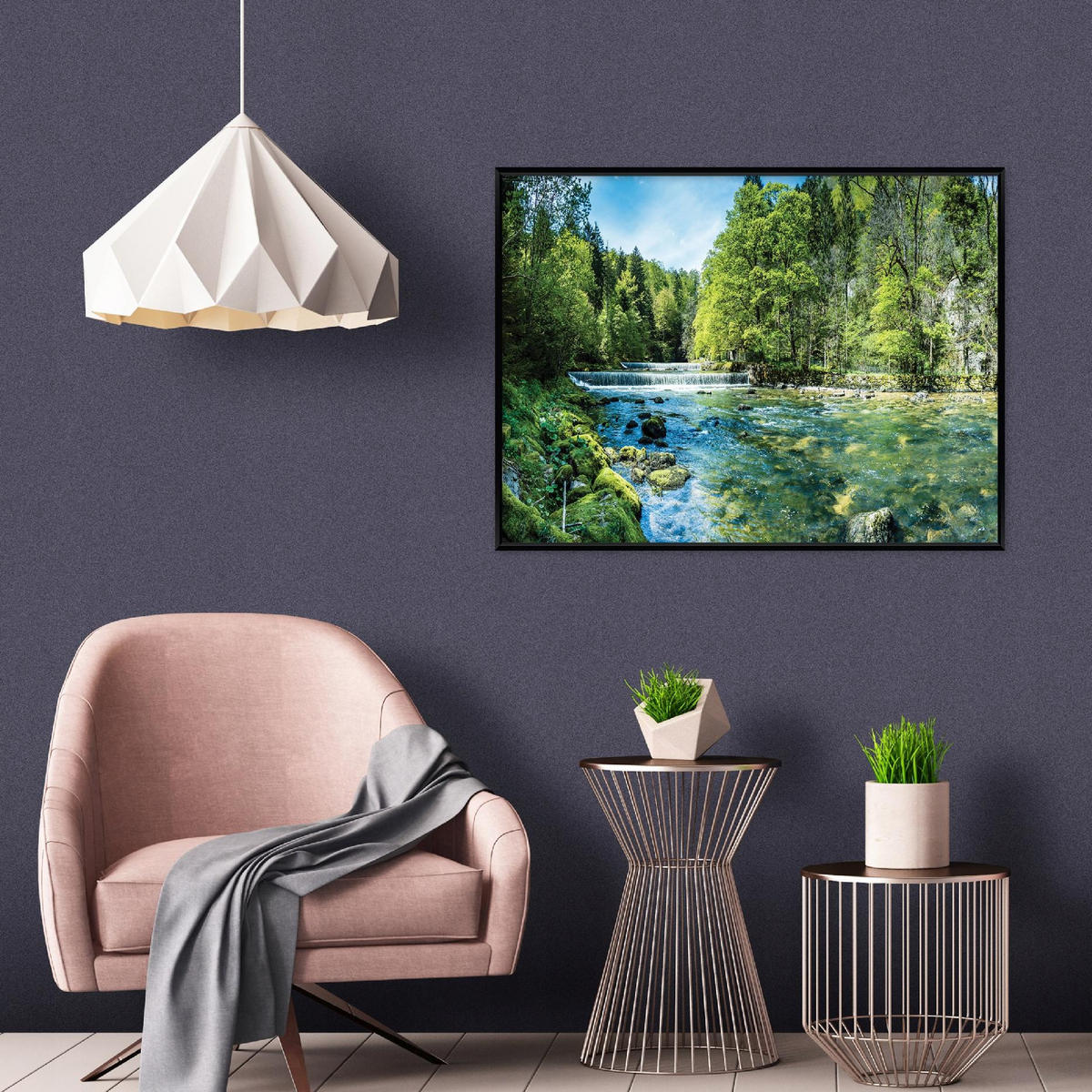 BILDER mit Rahmen Wald Fluss Grün 100x70 cm - Multicolor, Holzwerkstoff (100/70cm) - Wallarena