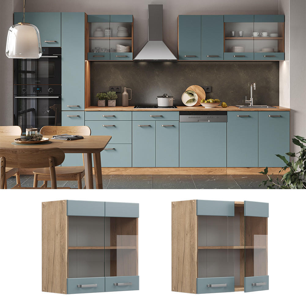 KÜCHENGLASSCHRANK R-Line Blau-Grau 60 cm - Honigeiche/Eiche Wotan, Holzwerkstoff (60/60/31cm) - Vicco