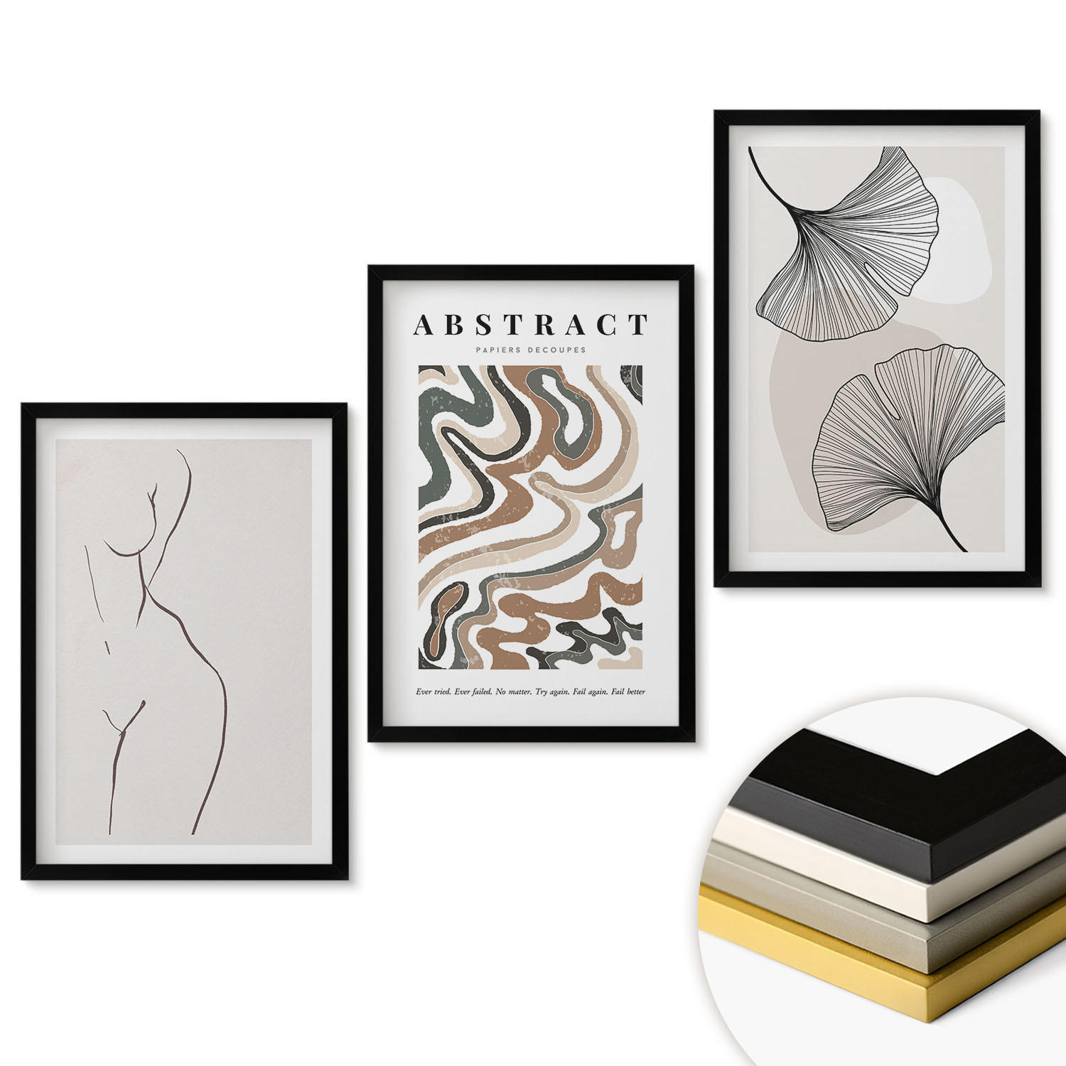 WANDBILDER 3er-Set - 40x60 cm Schwarzer Rahmen - Abstrakte Boho-Musterformen - Schwarz, Kunststoff (40/60cm) - ArtPrintCave