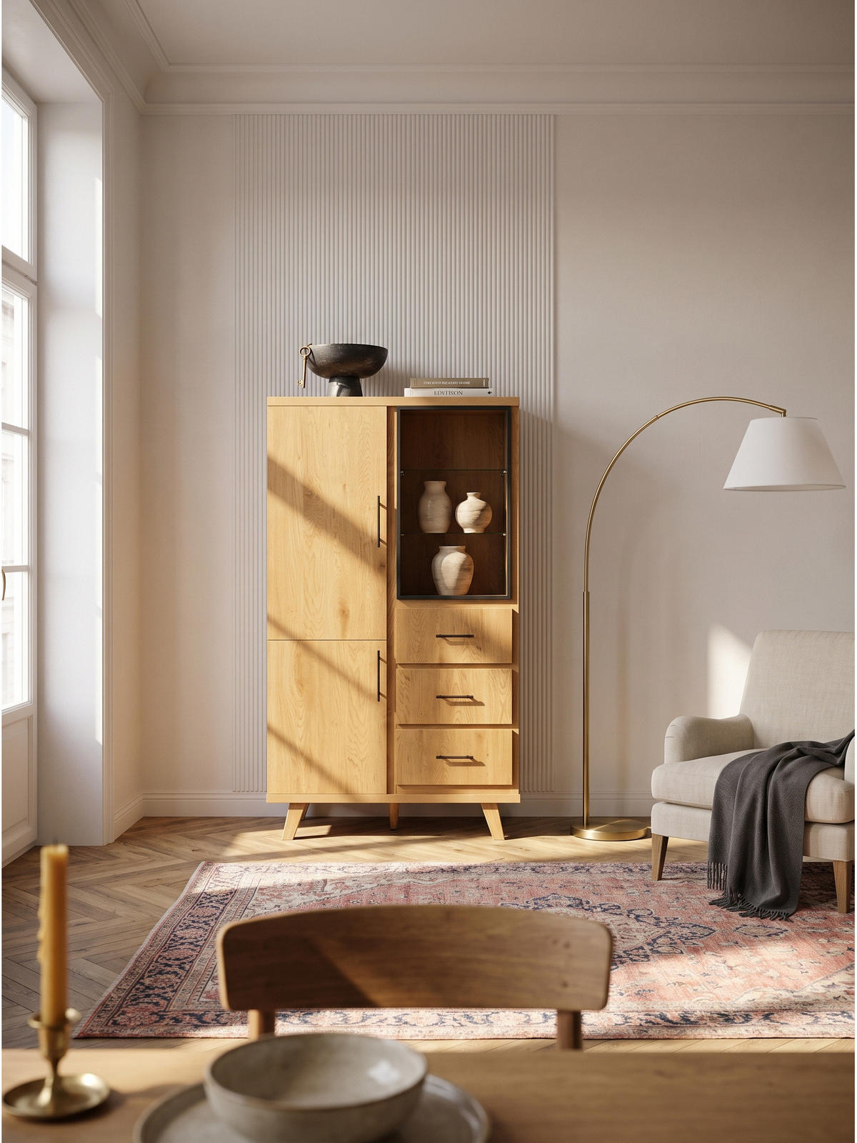 HIGHBOARD BASSANO, MDF, in Eichenoptik, mit Stauraum, 100 x 40 x 188 cm - Hellbraun/Braun, Eichenholz/Holzwerkstoff (100/188/40cm) - KADIMA DESIGN