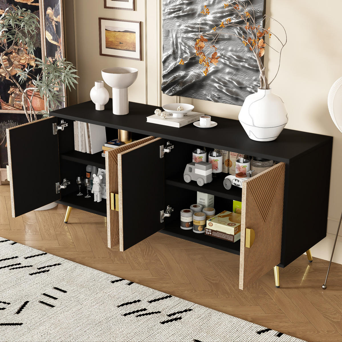 SIDEBOARD 160/40/75 cm aus MDF und Holzwerkstoff mit Sanftschluss und goldfarbenen Griffen Schwarz/Holzfarben - Schwarz, Holzwerkstoff (160/75/40cm) - Modenvie