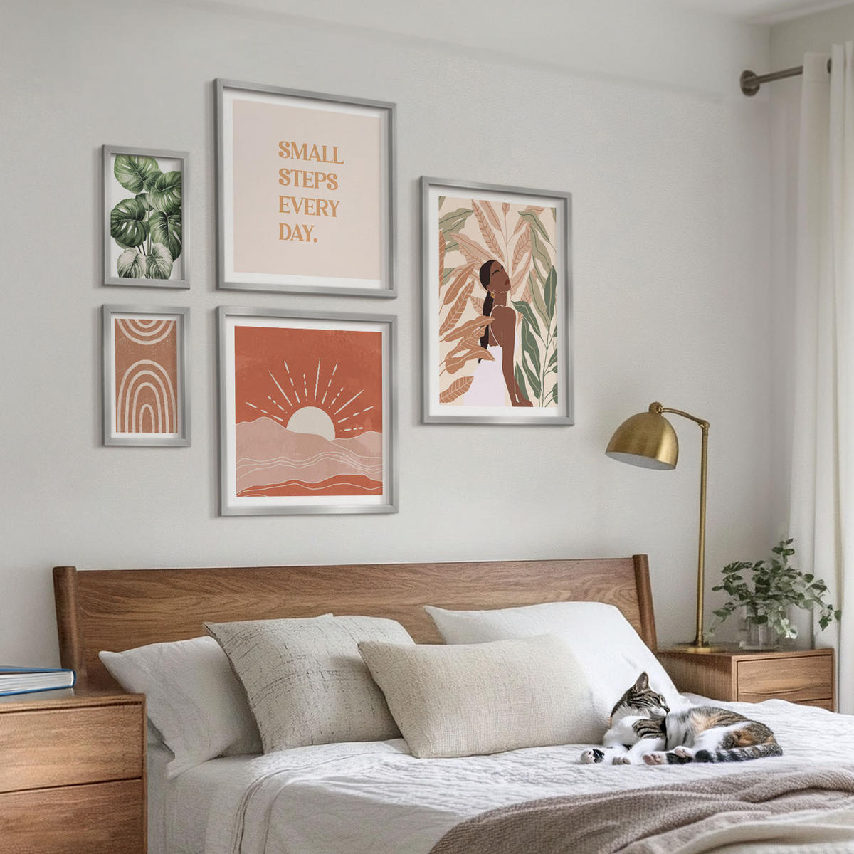 WANDBILDER 5er Set - 50x50 cm & 20x30 cm & 40x60 cm Silberner Rahmen - abstrakte Formen im Boho-Stil - Silberfarben, Kunststoff (40/60cm) - ArtPrintCave