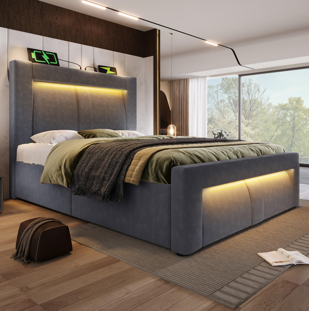 BETT mit Stauraum und LED 90x200 cm Samt Grau - Grau, Metall (90/200cm) - Meubliv