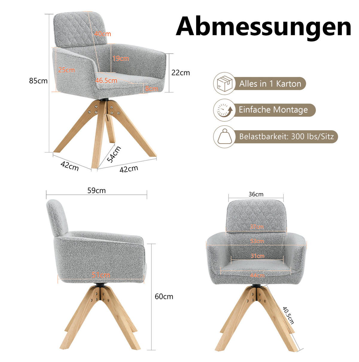 ESSZIMMERSTÜHLE 360° drehbar 2er-Set Hellgrau Massivholz - Hellgrau, Holz (51/85/53cm) - Meubliv