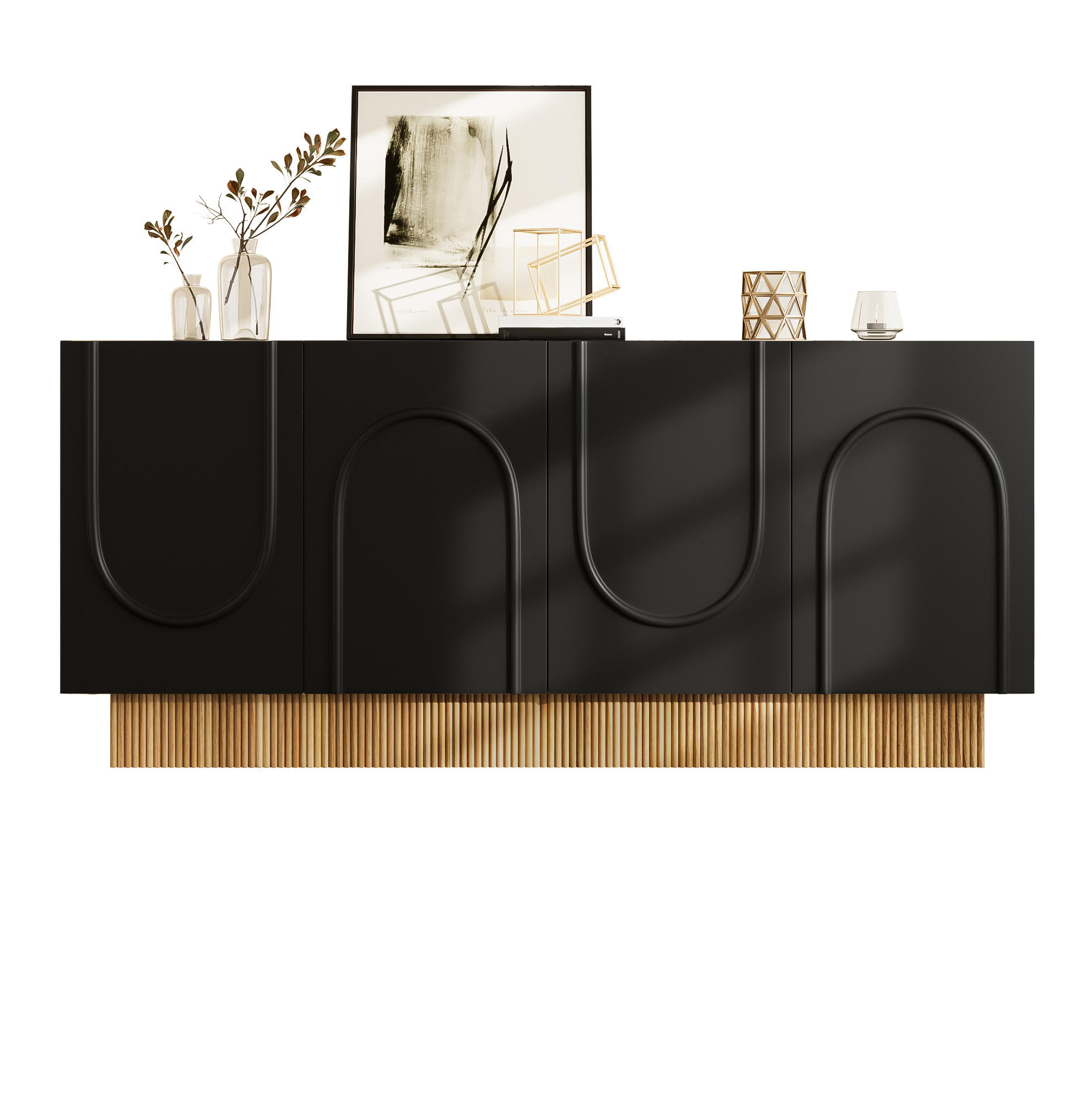 KOMMODE 160/75/38 cm Schwarz aus Spanplatte mit 4 Türen - Schwarz, Holzwerkstoff (38/75/160cm) - OKMYHOME