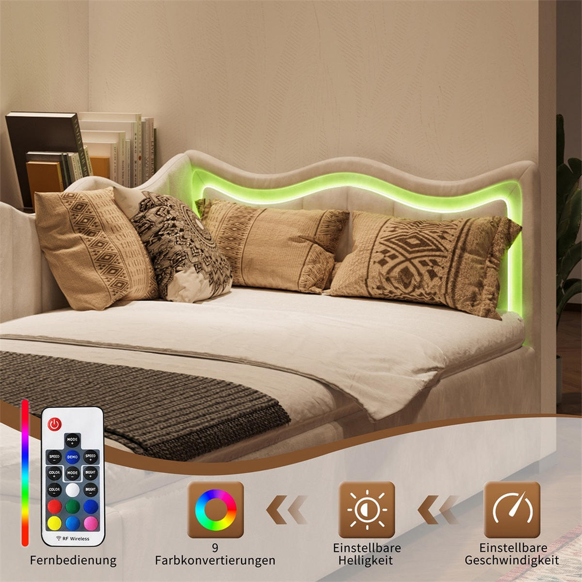 EINZELBETT 90x200cm - Polsterbett mit hydraulischem Stauraum und LED-Beleuchtung - ohne Matratze - Creme-Weiß - Beige, Textil (90/200cm) - DELFA