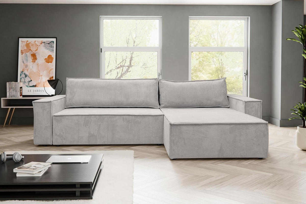 ECKSOFA HUGO XL Schlaffunktion und Bettkasten Cord-Stoff (Beige) - Beige, Textil (274/142cm) - VENASI MÖBEL