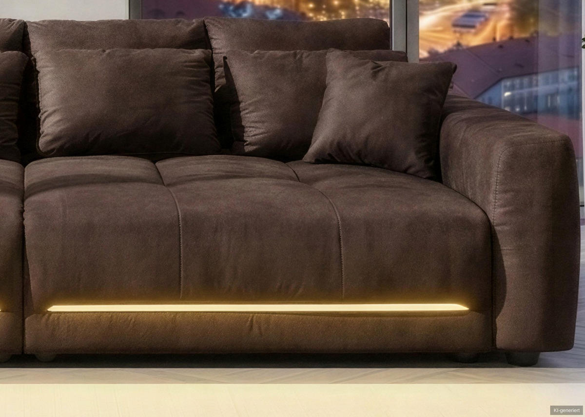 BIG-SOFA Federkern B294/T136/H86 cm, RGB-LED-Beleuchtung mit Fernbedienung, Mikrofaserstoff in Braun / 15417 - Schwarz/Braun, Kunststoff/Textil (294/86/136cm) - luma-home
