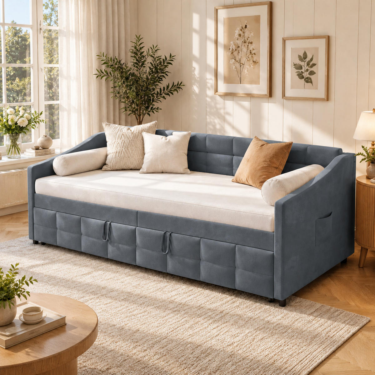 SCHLAFSOFA mit Ausziehfunktion und Stauraum, Polstersofa - Grau, Metall (193.5/75/215cm) - Joyfair