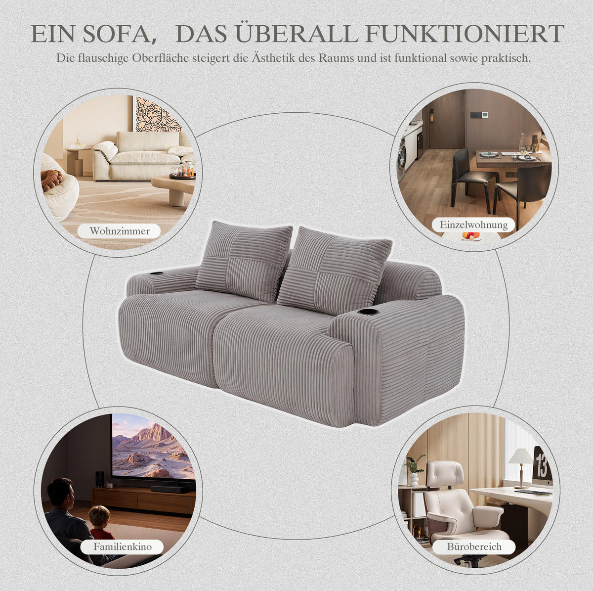 SOFA od samta, 200/99/80 cm svijetlosiva, 2-sjed s držačem za piće - svijetlo siva, tekstil (100/80/200cm) - BEAOK