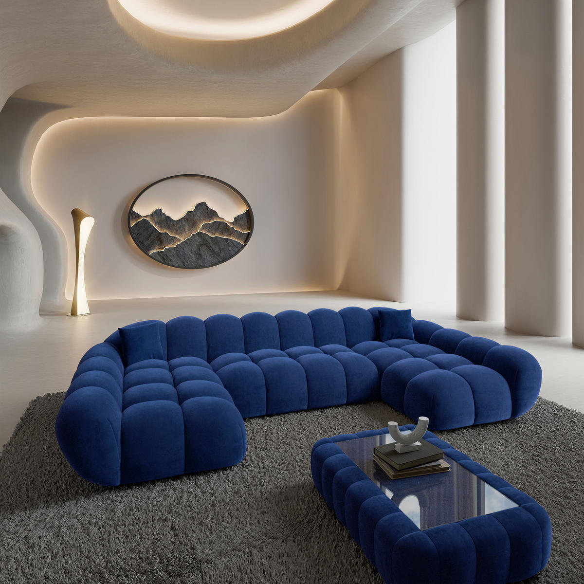 WOHNLANDSCHAFT Liva Königsblau Samtstoff U-Form XXL Studio - Blau, Textil (330/70/160cm) - VAROYAL