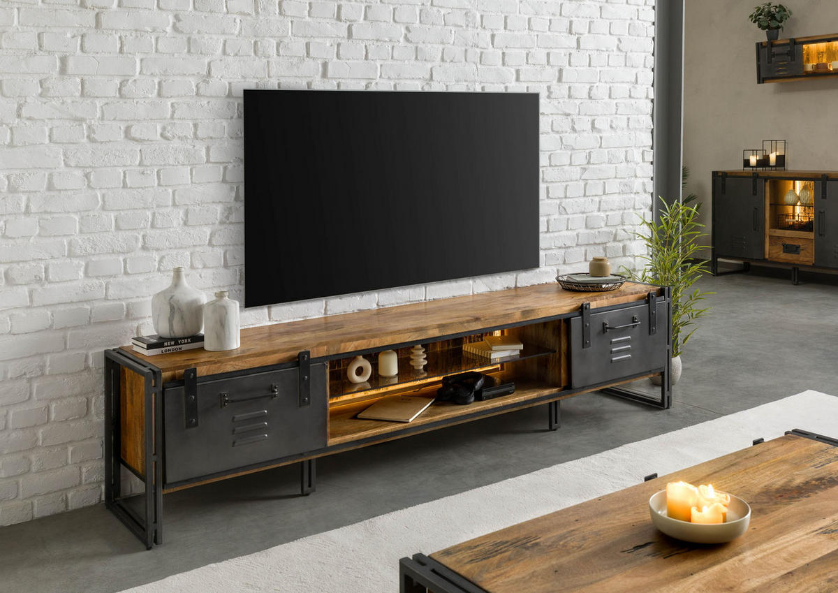 TV-BOARD Mango / Altholz 240x45x55 natur lackiert / Metall grau BLACKBURN LUX #556 - Naturfarben, Holz (240/55/45cm) - Massivmoebel24